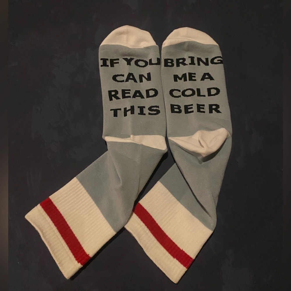 Bring me a Cold Beer socks. NWOT. Fun sole slogans. Silver. Unisex. Great gift